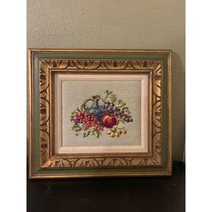 Large Vtg Handmade Needlepoint Framed Fruit Art 18X20 Pitcher, Gold, Carved Wood